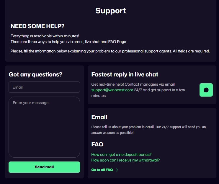 Win Beast Casino Kundenservice mit Live-Chat, E-Mail-Kontakt und FAQ-Bereich